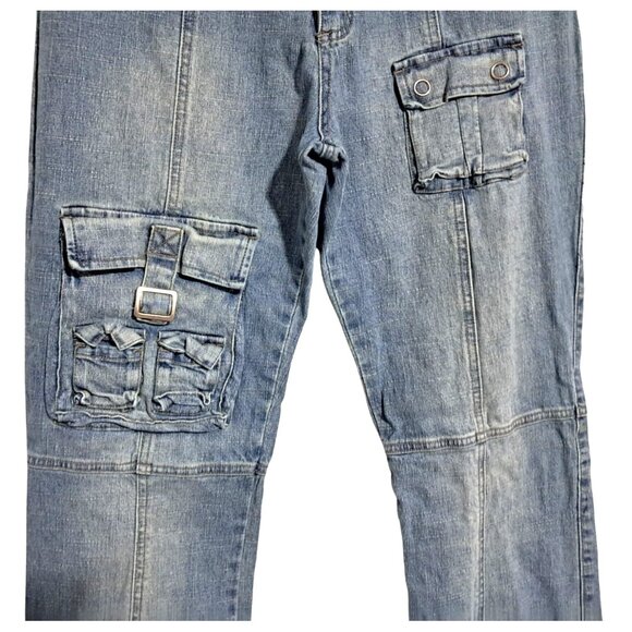 Vintage 90s Y2K Joe Boxer Flare Cargo Jeans Womens Juniors 13 Blue Denim Pockets - Picture 6 of 10